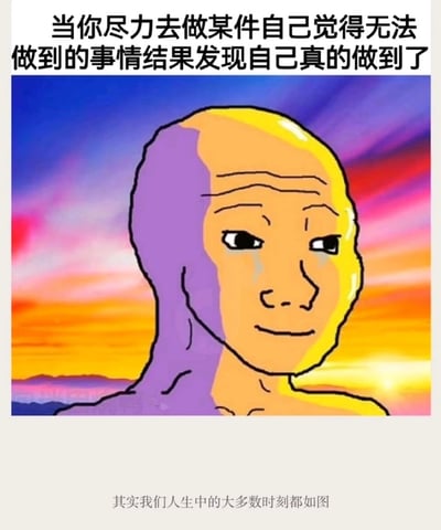这是一张顶配底文的静态风格化卡通图，顶部配有文字“当你尽力去做某件自己觉得无法做到的事情结果发现自己真的做到了”，底部配有文字“其实我们人生中的大多数时刻都如图”。画面主体是一个Wojak衍生的卡通人物，人物面部带着平静释然的微笑，一半被暖黄色的阳光照亮，一半处于阴影中，背景是橙黄到紫蓝渐变的日落天空，营造出温暖又沉静的氛围。整张图通过文字与画面的结合，传达出人们突破自我极限、完成原本认为不可能的目标后，那种释然、欣慰又带着感慨的心境，并用这个场景比喻人生中很多时刻都是在挑战中实现自我突破。