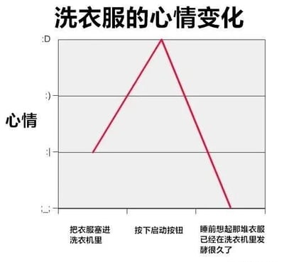 这是一张展示洗衣服过程中心情变化的折线图。图表标题为“洗衣服的心情变化”，横轴依次标注三个阶段：“把衣服塞进洗衣机里”“按下启动按钮”“睡前想起那堆衣服已经在洗衣机里发酵很久了”，纵轴为“心情”（刻度0-5）。曲线从初始的心情值1开始上升，在“按下启动按钮”时达到峰值5，随后急剧下降，在最后一个阶段降至接近0，生动幽默地描绘了人们做家务时从勉强行动到短暂解脱，再到遗忘后的崩溃心情。