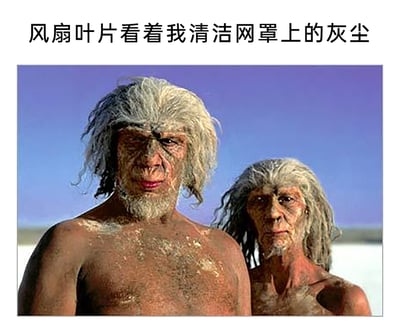 这是一张搞笑生活梗图，采用图文混排的形式，上方配有文案“风扇叶片看着我清洁网罩上的灰尘”，下方是两个浑身沾满尘土、毛发脏乱的古人类复原形象，他们表情幽怨无奈，眼神注视着前方。图中用古人类满是灰尘的状态类比风扇叶片上堆积的大量灰尘，以拟人化的方式，调侃人们在清洁风扇时往往只清理表面的网罩，却忽略了藏在后面、积灰更严重的风扇叶片，将叶片“被遗忘”的情绪具象化，通过反差感制造幽默效果，引发人们对日常家务中细节被忽略的共鸣。