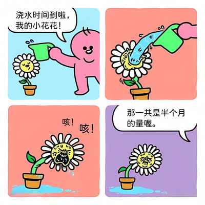 四格连环漫画展现给花浇水的搞笑场景：第一格中粉色小人开心地举着绿色水壶对盆栽向日葵说“浇水时间到啦，我的小花花！”；第二格特写水壶向花大量浇水，水从花心溢出；第三格向日葵表情痛苦，周围有水渍并发出“咳！咳！”的咳嗽声；第四格向日葵满脸愤怒和汗水，粉色小人说“那一共是半个月的量喔。”。通过夸张的浇水过量情节制造幽默效果。