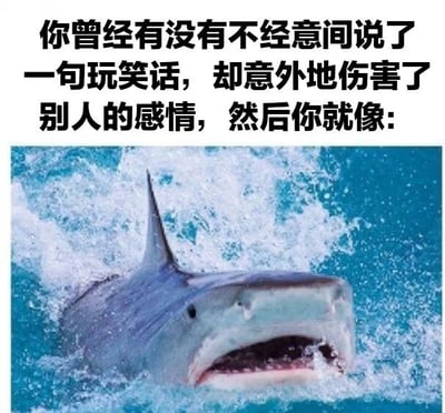 图片上方为黑色文字：'你曾经有没有不经意间说了一句玩笑话，却意外地伤害了别人的感情，然后你就像:'，下方是一张鲨鱼从蓝色海水中跃出的照片，鲨鱼嘴巴大张，表情凶猛，水花四溅。整体通过文字与鲨鱼的凶猛形象结合，幽默地比喻了人们在不经意间开玩笑伤害他人感情后，内心可能产生的尴尬或懊悔状态。