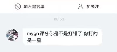 这是一段社交平台的私信聊天记录截图，界面顶部设有「加入黑名单」和「加关注」按钮，下方是08:53发送的消息。发送者的头像是动漫风格，消息内容为询问对方给MyGO的评分是不是打错了，指出对方打的是一星。这里的MyGO指的是动画《BanG Dream! It's MyGO!!!!!》，发送者大概率是该作品的粉丝，对一星的低评分存在疑问，想要确认是否是对方的误操作。