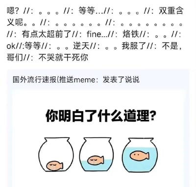这是一张由国外传入的网络迷因（meme）内容，整体为图文混排形式。画面上方是一段网友针对该meme的评论，以//分隔内容，包含疑惑、惊讶、认为内容有双重含义且过于超前的情绪表达，甚至出现“逆天”“我服了”等强烈反应的语句；画面中上部标注了“国外流行速报(推送meme:发表了说说”，表明内容来源；画面下方是meme主体，配有醒目的文字“你明白了什么道理？”，下方是三个依次排列的鱼缸：第一个鱼缸仅有极少量水，卡通鱼趴在缸底；第二个鱼缸水量增加，鱼浮在水中；第三个鱼缸水满，鱼在充足的水里自在漂浮。该meme通过鱼缸水量和鱼的状态变化，隐喻“拥有的资源越充足，生存处境就越舒适”的人生道理，而网友的评论则体现出对该meme隐喻的震惊与感慨。