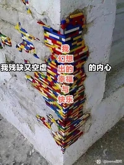 这是一张文字加注的静态梗图，画面主体是一处带有明显破损缝隙的混凝土墙体，有人将色彩丰富的乐高积木拼接起来，恰好填补在墙体的残缺缝隙中，从视觉上看乐高完美契合墙缝形状，仿佛在修补墙体的残缺。图中搭配了三段文字，左侧为“我残缺又空虚”，中间竖排是“我幻想出的幸福与快乐”，右侧是“的内心”，组合起来完整表达出“我残缺又空虚的内心，我幻想出的幸福与快乐”的含义。这张图用残缺的墙体比喻人们空虚、不完整的内心，用填补墙缝的乐高积木比喻自己臆想出来的幸福与快乐，以此隐喻部分人内心实则空洞残缺，只能依靠幻想来填补内心的空白，精准戳中了当代人在情绪上的共鸣点。