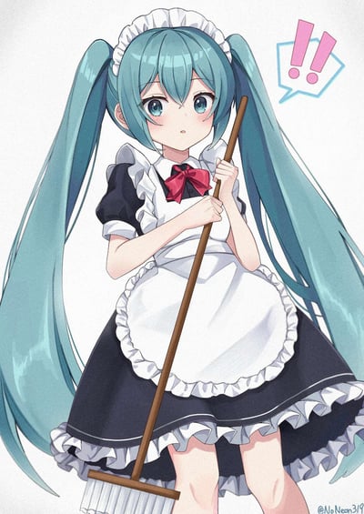 图中是虚拟偶像初音未来，身着黑白女仆装搭配白色荷叶边围裙与红色领结，标志性的青蓝色双马尾垂在身侧。她双手握住扫帚的木杆，脸颊带着淡淡的红晕，嘴巴微张，露出惊讶的神情，旁边还有一个带有粉色感叹号的对话气泡，仿佛在打扫时突然被人叫住，画风软萌治愈，充满了可爱的反差感。