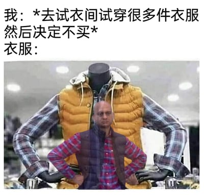 这是一张搞笑的P图梗图，上方配有文字“我：*去试衣间试穿很多件衣服然后决定不买* 衣服：”，下方的图像是将一个无头、双手叉腰的服装模特，与一个表情愤怒、同样双手叉腰的光头男子图像拼接叠放，用拟人的方式，把被试穿后却没被购买的衣服塑造成愤怒不满的形象，生动又搞笑地调侃了逛街时试穿多件衣服却最终不买的场景，很容易引发有类似经历的人的共鸣。