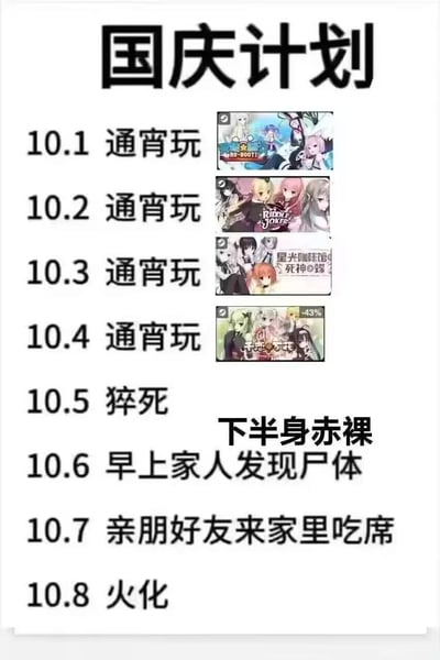 这是一张ACG爱好者自制的玩梗国庆计划表，以夸张的剧情调侃过度沉迷游戏的行为：前四天安排通宵玩《DRACU-RIOT!》《RIDDLE JOKER》《星光咖啡馆与死神之蝶》《千恋*万花》四款美少女视觉小说，随后用极端且搞笑的剧情收尾：10.5猝死（还标注“下半身赤裸”玩梗），10.6早上家人发现尸体，10.7亲朋好友来家里吃席，10.8火化，用荒诞的后果讽刺连续熬夜玩游戏的不健康生活方式，属于ACG圈子的自嘲类创作。