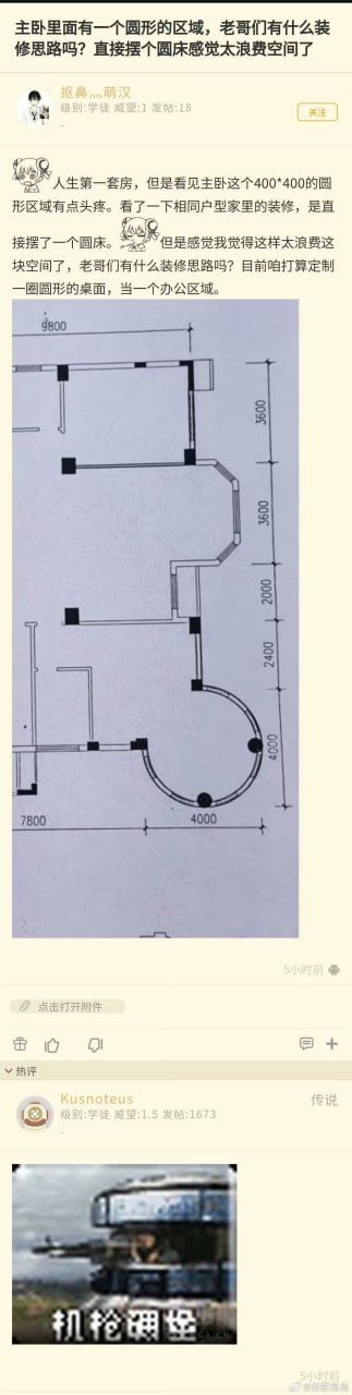 这是一张关于房屋装修讨论的恶搞梗图，起因是网友晒出主卧奇葩的400*400圆形区域，众网友绞尽脑汁想如何装修。最终评论区将这个空间脑补成机枪碉堡，配以“机枪碉堡”表情包，形成了荒诞的反差和强烈的戏剧效果，成为热门的家装吐槽梗。整体表现出网友脑洞大开的幽默风格。

暗示梗：图片利用了“机枪碉堡”军事梗，将实际住房空间夸张成防御要塞，属于空间用途反转恶搞。