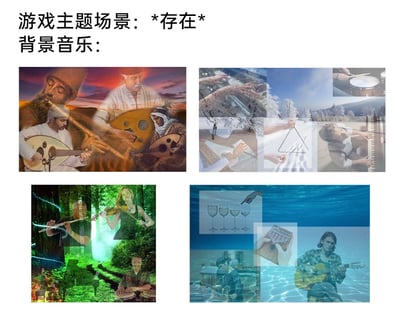 这张图片是为主题为“存在”的游戏场景设计的背景音乐风格参考图，整体采用四格拼接的合成图像形式，每个格子对应一种环境风格的音乐场景：1. 左上角：暖色调沙漠异域风格，展示了多位演奏者使用乌德琴等中东传统弦乐器进行演奏，背景融合了黄昏沙漠与演奏者的画面，营造出充满地域特色的传统音乐氛围；2. 右上角：冷色调冰雪场景风格，集合了钢琴、三角铁、架子鼓、竖琴等乐器的演奏画面，背景是冰雪覆盖的户外环境，适配清冷、静谧的冰雪类游戏场景；3. 左下角：奇幻森林风格，画面融合了茂密森林与荧光特效，演奏者使用长笛、小提琴、钢琴、手鼓等乐器，营造出神秘、灵动的自然奇幻音乐氛围；4. 右下角：水下场景风格，背景是清澈的水下环境，演奏者使用吉他、卡林巴琴、酒杯琴等乐器，画面还包含用酒杯演奏的特殊形式，适配静谧、空灵的水下游戏场景。整张图通过将乐器演奏与对应场景视觉融合，为游戏的不同环境场景提供了适配的背景音乐风格方向。