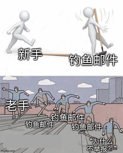 该图为上下对比的卡通风格梗图，上方 panel 中，标有“新手”的白色 stick figure 被标为“钓鱼邮件”的铲子击中，表现新手面对钓鱼邮件时的无防备状态；下方 panel 中，标有“老手”的一群蓝色人物正连续跳跃躲避多个“钓鱼邮件”障碍，右下角配有文字“为什么不举报？!”，幽默对比了网络新手和老手处理钓鱼邮件的不同方式，新手易中招而老手能熟练规避。