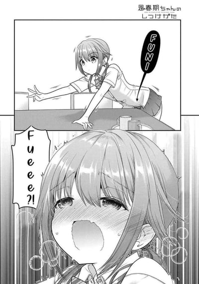 这是日本漫画《思春期ちゃんのしつけかた》的一页分镜，分为上下两格：
1. 上格：扎低双马尾的女学生趴在桌边，身体前倾，画面标注拟声词“FUNI”，指向她的臀部，暗示有异样触感；
2. 下格：该女生的脸部特写，她满脸通红、双眼含泪，大张着嘴发出“Fueee?!”的惊呼，呈现出极度害羞、窘迫的社死状态，生动表现了人在突然遭遇尴尬私密场景时的强烈反应。