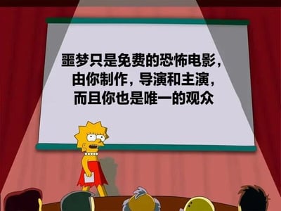 图片中是动画《辛普森一家》的角色丽莎·辛普森，她站在一个红色幕布前的舞台上，手持纸张，面前有一块投影屏幕。屏幕上显示着黑色文字：“噩梦只是免费的恐怖电影，由你制作，导演和主演，而且你也是唯一的观众”。台下有几个模糊的观众头部剪影，整体场景模拟了演讲或展示的情境，通过卡通角色结合文字，以幽默的方式将噩梦比喻为个人自编自导自演的恐怖电影。