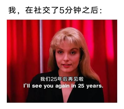 这是一张针对社恐人群社交状态创作的梗图，顶部配文“我，在社交了5分钟之后：”引出情境，图中使用美剧《双峰》的经典截图，角色劳拉·帕尔默面带微笑说出“我们25年后再见啦”的台词，用夸张的“25年后再见”的告别方式，生动且幽默地表达了社恐人群在经历短暂社交后，就产生了想要长时间远离社交、彻底放松休息的强烈愿望，精准契合了社恐人群的社交疲惫心理。