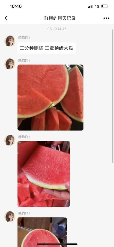 这张图是移动端社交软件的群聊聊天记录截图，显示8月10日14:46用户“晓韵吖I”率先发消息称“三分钟删除 三亚顶级大瓜”，网络语境中“大瓜”通常指代轰动性的八卦爆料，极易勾起看客好奇心，然而该用户后续发出的配图全部是切好的真实西瓜的实拍图，玩了中文网络里“吃瓜”（指代看八卦）的谐音双关梗，用字面意义的西瓜对应前文提到的“大瓜”，形成预期落差的搞笑效果。