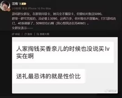 这是一张微博社交动态截图，内容为博主汪有分享自己所在游戏群的趣事：群内一名不懂显卡的女群友打算给对象送售价两万多的高端显卡5090，群内男性群友纷纷劝说普通玩游戏不需要这么高的配置，40系显卡已经足够，博主本人也还在用4060显卡。但女群友给出回应，类比女性购买奢侈品时不会选择性价比更高的替代款，提出“送礼最忌讳的就是性价比”的观点，展现了不同群体在消费观念和送礼认知上的差异。