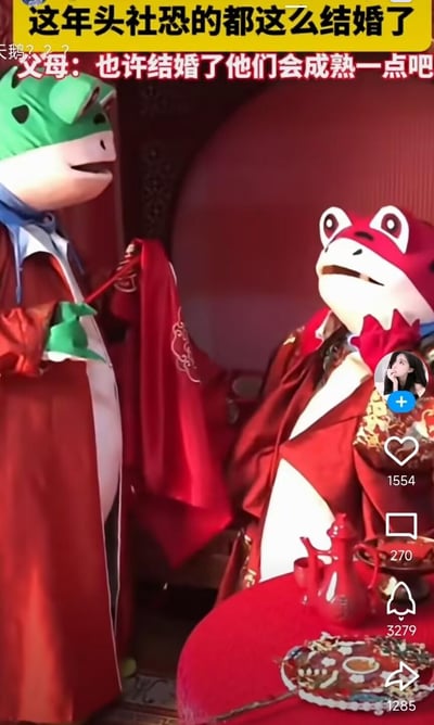 图中呈现了一场充满创意的中式婚礼场景：一对穿着传统红色婚服的青蛙头套人偶，左侧绿色青蛙人偶手持红杆，正在挑起红色的中式盖头，右侧红色青蛙人偶坐在婚房中，还原了中式婚礼掀盖头的经典环节。
上方配文玩梗：“这年头社恐的都这么结婚了”，还有小字“天鹅？？？”以及“父母：也许结婚了他们会成熟一点吧”，用青蛙头套替代新人的设定，精准调侃了社恐人群想要躲避婚礼社交的心态，反差感拉满，十分搞笑。