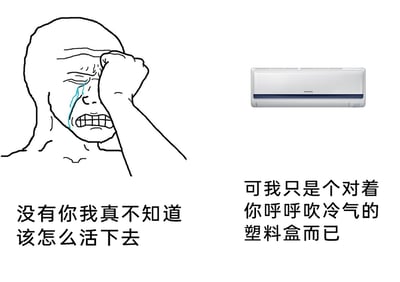 这是一张左右对比的图文梗图，左侧是一幅手绘的线稿人物，人物眉头紧皱，一只手按在眼睛上，脸上挂着泪水，嘴巴紧抿，表情痛苦崩溃，呈现出极度无助的状态，下方配文“没有你我真不知道该怎么活下去”；右侧是一台三星品牌的壁挂式空调，外观简洁，下方配文“可我只是个对着你呼呼吹冷气的塑料盒而已”。图中通过将人类对空调极度依赖的崩溃状态，与空调清醒的自我认知形成强烈反差，用幽默夸张的方式调侃了炎热天气里人类对空调的高度依赖，这种拟人化的对话和反差感让画面充满搞笑效果，精准戳中夏季人们离不开空调的生活痛点。