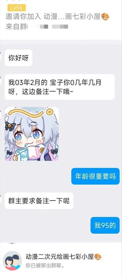 这是一段QQ群聊的完整截图：用户被LV55的群成员邀请加入名为“动漫二次元绘画七彩小屋”的群聊后，群内管理主动搭话，先自报03年2月出生，随后询问用户的出生年月，称是群主要求备注年龄。用户先疑惑询问“年龄很重要吗”，在得知是群主要求后告知自己是95年的，结果立刻收到“你已被移出群聊”的系统提示。整个对话展现了该二次元绘画群可能仅面向00后群体，年龄不符合就被直接清退的情况，充满了搞笑又无奈的反差感，调侃了部分兴趣社群对年龄的严格限制。