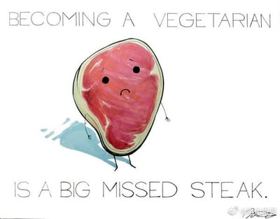 这是一张图文结合的搞笑谐音梗图，上方配有文字“BECOMING A VEGETARIAN”，下方文字为“IS A BIG MISSED STEAK.”，画面主体是一个被拟人化的牛排形象：它有着沮丧的下垂眉眼和难过的嘴部表情，还被画出了小短手和短腿，整体姿态失落。
这张图运用了英文谐音梗：“missed steak”（想念牛排）与“missed stake”（重大损失）发音相近，以此调侃对于喜爱牛排的人来说，成为素食主义者就意味着吃不到牛排，是一件“重大损失”的事，用幽默的方式玩文字游戏。