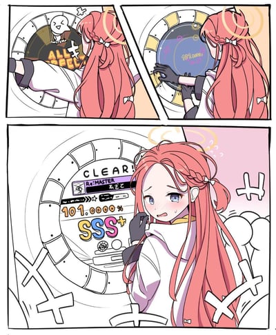 这是一幅三格连环漫画，描绘了手游《蔚蓝档案》中的红发光环角色伊落玛丽游玩SEGA街机音游《CHUNITHM》的全过程：
1. 第一格：女孩专注操作音游，屏幕弹出「ALL PERFECT」的完美判定提示；
2. 第二格：结算界面加载中，显示101.0000%的异常高分；
3. 第三格：最终结算完成，确认是Re:MASTER难度的《系ぎて》曲目，达成101.0000%的SSS+评价，女孩转头露出震惊、恍惚又带着害羞的表情，显然对这个超出常规的满分+结果感到彻底难以置信。

无谐音或双关梗，完全是音游玩家打出超高分后的真实反应的趣味二创。
