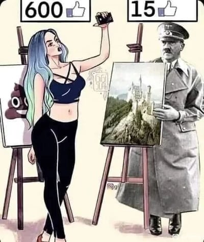 这是一张左右对比的静态合成图，画面左侧是一位蓝绿渐变长发的卡通风格年轻女性，她穿着深色露脐装和黑色紧身裤，正举着手机自拍，面前画架上的作品是一个带有拟人化表情的便便图案，该作品上方标注有600个点赞；画面右侧是一位身着军装的人物，他手持一幅写实风格的新天鹅堡风景画作，该作品上方仅标注有15个点赞。整张图通过两种风格、两种艺术价值的作品在点赞数量上的巨大反差，讽刺了当下社交媒体环境中，缺乏艺术深度但迎合大众趣味的通俗内容往往更受追捧，而具有艺术价值的写实作品却关注度寥寥的现象。