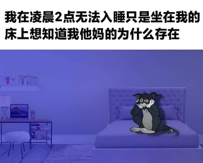 图片上半部分为黑色粗体文字：'我在凌晨2点无法入睡只是坐在我的床上想知道我他妈的为什么存在'，下半部分是紫色灯光笼罩的卧室场景。房间内有一张书桌，桌上放有笔记本电脑、台灯和一些物品，床边有一把椅子。床上坐着卡通角色汤姆（Tom），它双手捂脸，表情焦虑，呈现出深夜失眠时的迷茫与存在主义困惑。