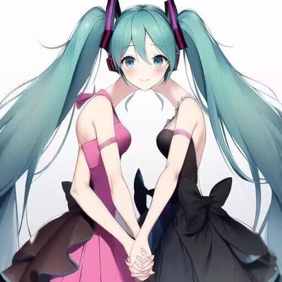图片中展示了两个初音未来角色并排站立并双手交握的场景。两个角色拥有相同的青色长发、蓝色眼睛和标志性耳机，但穿着不同颜色的礼服——左侧为粉色礼服，右侧为黑色礼服，两者均有黑色蝴蝶结装饰。角色姿态优雅，表情温柔，整体画面呈现出对称和谐的美感。