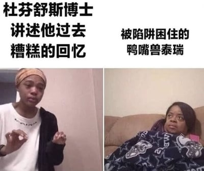 这是一张左右结构的拼接玩梗图，左侧上方配文“杜芬舒斯博士讲述他过去糟糕的回忆”，下方是一名戴着发带的黑人女性，神情委屈，双手抬起做出讲述的手势；右侧上方配文“被陷阱困住的鸭嘴兽泰瑞”，下方是另一名黑人女性裹着印有图案的毯子窝在沙发上，眼神呆滞向上看，表情茫然。该图用两个真人表情包的状态，对应动画《飞哥与小佛》中杜芬舒斯博士回忆过往、鸭嘴兽泰瑞被陷阱困住的经典场景，通过拟人化的对应产生搞笑效果。