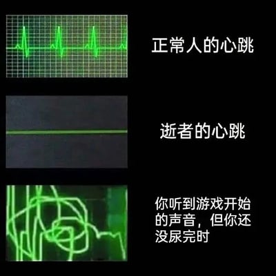 图片为上下排列的三格对比图，均采用黑色背景配合绿色波形线条模拟医疗心电监测仪画面。第一格显示规律起伏的绿色波形，右侧文字标注“正常人的心跳”；第二格为一条平直的绿色横线，右侧文字标注“逝者的心跳”；第三格是杂乱无章、密集缠绕的绿色波形，右侧文字描述“你听到游戏开始的声音，但你还没尿完时”。通过医疗监测仪的视觉符号，幽默夸张地对比了不同情境下的心跳状态，核心笑点在于将游戏玩家急于开始游戏却被生理需求（排尿）打断时的焦虑与急迫感，用极度混乱的“心跳波形”具象化呈现。