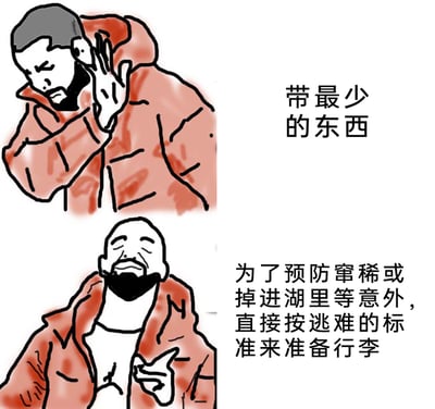 这是一张基于德雷克梗图模板创作的上下对比式搞笑图，上方的人物做出嫌弃拒绝的手势，配文“带最少的东西”，代表出行时追求极简行李的准备态度；下方的人物做出认可的手势，配文“为了预防窜稀或掉进湖里等意外，直接按逃难的标准来准备行李”，以夸张的方式调侃部分人出行时会过度担忧各类小概率意外，进而过度准备行李的真实心态，生动展现了出行准备行李的两种极端反差，充满趣味性。
