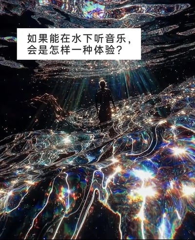 这是一张充满梦幻感的AI生成图像，画面构建了一个如同宇宙星河般的水下空间：一名人物的剪影站在其中，周围是带有璀璨炫目光效的流动水纹，上方有穿透水面的光线洒下，整体氛围既神秘又浪漫。图像上方配有文字“如果能在水下听音乐，会是怎样一种体验？”，将视觉上的沉浸式梦幻场景与听觉体验的想象结合，引导观者畅想在水下聆听音乐时，被包裹在水与音乐中的独特感官感受，仿佛音乐也会随着水纹流动，带来全方位的沉浸式体验。