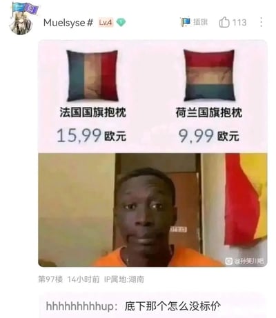 这是一张来自百度贴吧孙笑川吧的网友创作梗图，采用上下拼接的形式呈现。上半部分展示两款国旗主题抱枕，标注为法国国旗抱枕售价15.99欧元，荷兰国旗抱枕售价9.99欧元，两款抱枕的颜色条仅为上下颠倒；下半部分是一位黑人男性的面部特写，其肤色与两款国旗的深色条形成关联，结合欧洲国家移民相关的网络梗进行调侃。下方评论“底下那个怎么没标价”进一步强化搞笑效果，将黑人形象调侃成类似商品的存在，整体是网络社区常见的搞笑调侃类内容。