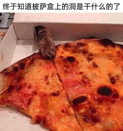 这是一张经过P图改编的搞笑静态图，画面中打开的披萨盒里还剩余几块带有火腿配料的披萨，一只猫咪的爪子从披萨盒侧面的通风孔洞中伸出来，搭在其中一块披萨上。图片上方的配文玩了一个脑洞梗，原本披萨盒的孔洞是为了给披萨透气、防止披萨被闷软变形，这张图却将其恶搞成猫咪用来偷取披萨的“专属通道”，结合猫咪爱偷食的常见习性，制造出滑稽有趣的反差效果。