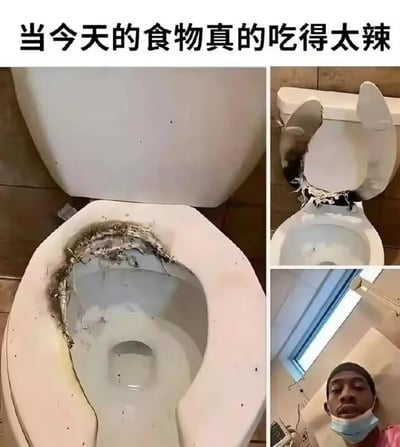 这是一张多图拼接的搞笑梗图，顶部配有文字“当今天的食物真的吃得太辣”，左侧大图展示了边缘被烧得焦黑破损的马桶座圈，右侧上方图展示了水箱处同样有烧焦破损痕迹的马桶整体，右侧下方图是一位戴口罩的黑人男子表情呆滞地躺在病床上。整图用极度夸张的手法调侃食用过于辛辣的食物后，上厕所时的痛苦感受，玩笑式地将这种不适感的威力放大到能烧坏马桶、甚至让人住院的程度，反差感十足充满笑点。
