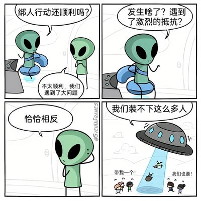 这是一幅四格连环漫画，讲述外星人绑架行动的搞笑反转故事。第一格：一个绿色外星人（外星人A）询问同伴（外星人B）“绑人行动还顺利吗？”，外星人B愁眉苦脸地回答“不太顺利，我们遇到了大问题”；第二格：外星人A疑惑地追问“发生啥了？遇到了激烈的抵抗？”；第三格：外星人B摸着下巴，若有所思地说“恰恰相反”；第四格：画面转到飞碟下方，人类们兴奋地举手高喊“带我一个！”“我们也要！”，外星人B无奈地摊手表示“我们装不下这么多人”。通过预期与现实的反差制造幽默效果，将原本紧张的绑架场景转化为人类主动参与的喜剧场面。