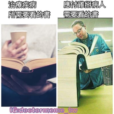 这是一张左右对比的幽默梗图，左侧标题为“治疗疾病所需要看的书”，画面中一只手捧着一本厚度适中的翻开书籍，另一只手拿着咖啡杯，显得轻松随意；右侧标题为“应付难缠病人需要看的书”，则是一位穿着蓝色制服的医生正吃力地捧着一本厚度夸张的巨型书籍，书页因厚重而呈扇形展开。通过书籍厚度的巨大反差，幽默地暗示医生在应对难缠病人时所需的“沟通技巧”或“耐心储备”比治疗疾病本身的专业知识还要多，引发对医患沟通难度的共鸣。
