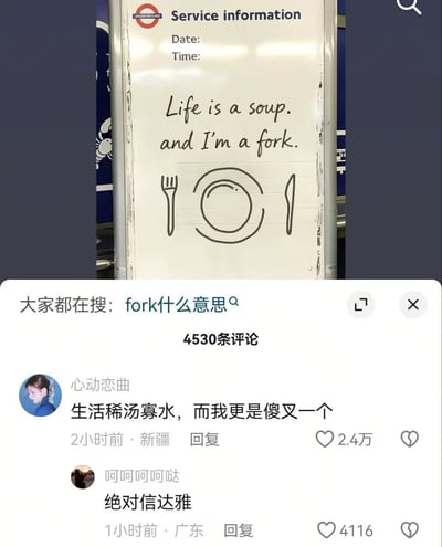 图片展示了伦敦地铁的服务信息公告板，上面有人用黑色马克笔手写了一句英文标语：'Life is a soup. and I'm a fork.'，下方画着叉子、盘子和刀子的简笔画。图片下方是社交媒体评论区截图，显示有4530条评论，其中热门评论'心动恋曲'将英文标语翻译成中文：'生活稀汤寡水，而我更是傻叉一个'，获得2.4万点赞。另有评论'呵呵呵呵哒'称赞翻译'绝对信达雅'。搜索栏显示'大家都在搜: fork什么意思'，表明很多用户在查询fork一词的含义。