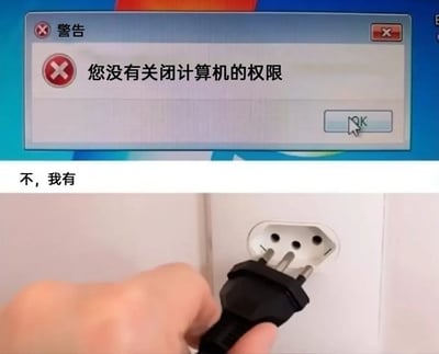 图片分为上下两部分。上半部分是电脑屏幕截图，显示一个Windows系统警告对话框，标题为“警告”，内容为“您没有关闭计算机的权限”，对话框右下角有一个“OK”按钮，鼠标指针正指向该按钮。下半部分是一张实拍照片，画面中一只手正在将黑色电源插头从白色墙壁插座中拔出，插头和插座清晰可见。两部分图片之间有一行文字“不，我有”，形成幽默对比，通过物理断电的方式“解决”系统权限不足的问题。