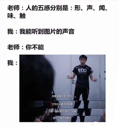 这是一张图文混排的搞笑表情包，上方是一段趣味对话：老师讲解人的五感为形、声、闻、味、触，“我”表示自己能听到图片的声音，老师否定后，“我”放出EDG战队选手明凯（厂长）的赛后采访截图来佐证。截图里明凯双手摊开，脸上带着无奈困惑的神情，配着他的经典吐槽台词：“对面酒桶在我们野区”“它为什么要去塔里啊”“下路一直叫我去 我怎么去啊”“别人一直进我野区”。这些台词是英雄联盟玩家熟知的经典电竞梗，其语气和场景极具辨识度，能让看过该采访的人立刻联想到对应的声音，以此制造出“图片有声音”的搞笑效果，契合对话里的设定。