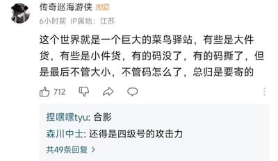 这是B站用户“传奇巡海游侠”发布的一条高赞评论，将整个世界比作一个巨大的菜鸟驿站，把不同的人比作大小不一、状态各异的包裹——有的是大件货，有的是小件货，有的快递码丢失或损坏，但最终无论包裹的大小和状态如何，总归是要被“寄走”。这个比喻用快递的归宿暗喻人生的最终结局，带有通透又无奈的黑色幽默。评论获得712个赞，下方有其他用户留言“合影”“还得是四级号的攻击力”，引发大量用户共鸣。
此处的“寄”是隐喻手法，指代生命的最终归宿，用日常的快递场景类比人生，接地气又充满扎心的现实感。
