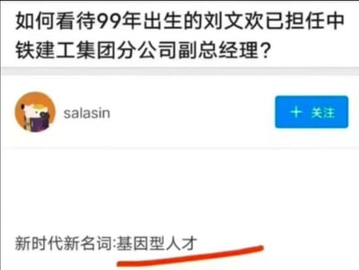 这是一张社交媒体问答平台的截图，顶部提出问题「如何看待99年出生的刘文欢已担任中铁建工集团分公司副总经理？」，用户salasin针对该问题发表评论「新时代新名词:基因型人才」，并通过下划线标注这句评论，暗指该年轻高管的任职可能与家庭背景相关，是带有讽刺意味的调侃，质疑其职位并非完全依靠个人能力获得。