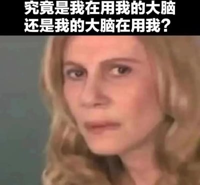 这是一张用于引发哲学思考的网络梗图，属于文字加注的真人静态图像。画面上方是黑色背景搭配白色的哲学疑问文字“究竟是我在用我的大脑还是我的大脑在用我？”，图中主体是一位金发卷发的女性，她表情严肃，眉头微蹙，眼神中带着迷茫与思索，面部神态充满困惑感，正对镜头。这张图通过将人物的困惑神态与深刻的自我意识哲学问题相结合，精准地传达出人们在思考“自我主体与大脑的关系”这类深层问题时的迷茫状态，既可以用来调侃这种想不通的哲学困境，也能引发他人对自我意识的探讨，是网络上常见的哲学类迷因内容。