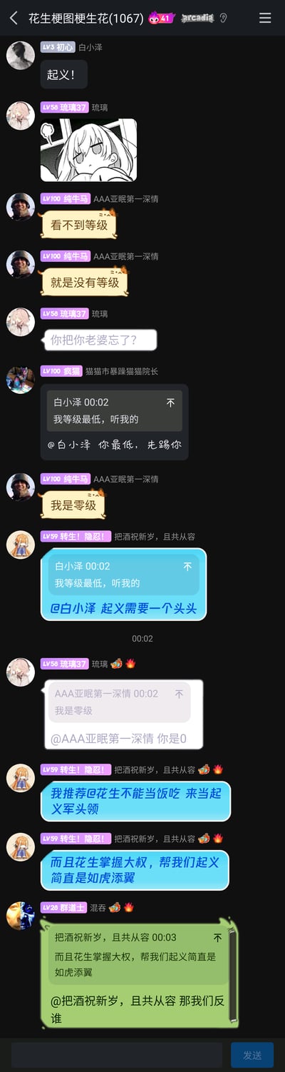 这是一张QQ群“花生梗图梗生花(1067)”的聊天记录截图，群成员们以“起义”为话题展开了一系列轻松搞笑的玩梗互动。LV3的白小泽率先发起“起义”号召，随后群成员们围绕等级展开调侃，AAA亚眠第一深情自称零级，猫猫市暴躁猫猫院长调侃要踢等级最低的白小泽；之后成员们开始推选起义头领，提议让“花生不能当饭吃”担任，理由是其掌握大权能助力起义，最后混吞的一句“那我们反谁”让这场无厘头的起义玩梗对话更添趣味，整体氛围轻松欢乐，是群友间的日常趣味互动。