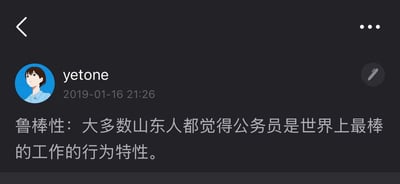 这是一条社交媒体发布的原创调侃内容，发布者yetone在2019年1月16日发布了一个自创的谐音梗定义：借用计算机领域术语“鲁棒性”的谐音（“鲁”是山东省的简称），将“大多数山东人都觉得公务员是世界上最棒的工作的行为特性”定义为“鲁棒性”，用看似专业的术语形式来调侃山东地区普遍追捧公务员职业的地域文化现象，玩了谐音梗的文字游戏。