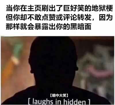 图片上半部分为黑色文字，描述了在社交媒体主页刷到极其好笑的地狱梗，却因担心暴露自己的黑暗面而不敢点赞、评论或转发的场景。下半部分是一个人物背影的剪影，背景模糊，人物下方叠加了中英文文字“【暗中大笑】[laughs in hidden]”，幽默地表现了用户内心偷偷大笑但表面不敢互动的矛盾状态。