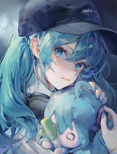 这是一幅初音未来的插画作品。图中初音未来有着标志性的蓝色长发，扎着双马尾，戴着一顶黑色的帽子，帽子上有白色的文字“EdiFur”。她有着清澈的蓝色眼睛，眼神温柔，正低头抱着一个蓝色的小玩偶。人物的衣服上印有“Hatsune Miku”字样，右下角有艺术家“Ame”的签名。整幅画色彩柔和，光影处理细腻，展现出初音未来温柔可爱的一面。