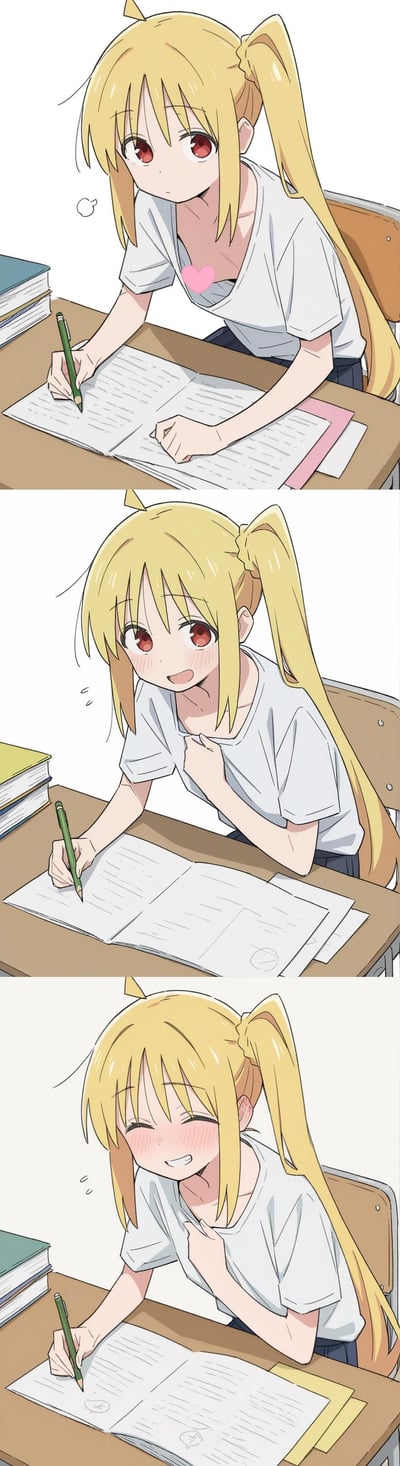 这是一组以动漫《孤独摇滚！》角色伊地知虹夏为主题的同人连环漫画，共三格：
1. 第一格：虹夏坐在书桌前写作业，领口不慎敞开，被粉色爱心遮挡，表情平静；
2. 第二格：虹夏反应过来，立刻用手捂住领口，脸颊泛红，露出惊讶又害羞的表情；
3. 第三格：虹夏完全陷入害羞状态，眯起眼睛咧嘴笑，耳朵也变得通红，整体呈现出校园里可爱的社死小瞬间，没有双关或谐音梗。