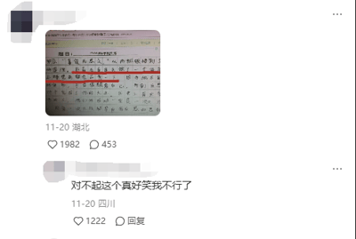 这是一张社交媒体截图，属于图文混排的内容，上方是学生作业的屏幕截图，作业题目为“诸葛亮哭周瑜，从而你联想到了”，其中出现了“诸葛亮皱起了眉头，因为他没兵”这句直白搞笑的表述，打破了大众对诸葛亮足智多谋的固有印象，显得十分滑稽；下方是该社交内容的评论区内容，原内容发布地显示为湖北，获得了1982个点赞和453条评论，一条来自四川的评论内容为“对不起这个真好笑我不行了”，该评论获得1222个点赞，整体呈现了网友分享趣味作业内容，引发其他网友共鸣发笑的场景。