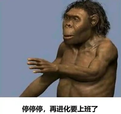这是一张吐槽职场压力的网络搞笑梗图，画面上方是一个3D渲染的类人猿形象，它伸出手掌做出停止的动作，表情带着抗拒与无奈；画面下方配有黑色文字“停停停，再进化要上班了”。这张图通过反讽的方式，将人类进化与上班这件事绑定，用类人猿“拒绝进化”的行为，调侃当代年轻人对上班的抗拒情绪，认为上班的痛苦甚至让人宁愿停留在不用工作的原始状态，精准戳中了很多职场人的心声，引发强烈共鸣。