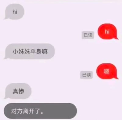 这是一张聊天记录截图，左侧用户先发送“hi”，右侧用户回复“hi”（显示已读）。随后左侧用户询问“小妹妹单身嘛”，右侧回复“嗯”（显示已读）。接着左侧发送“真惨”，最终系统提示“对方离开了”。整个对话展现了一次尴尬的聊天开场，因左侧用户的不当言论导致对方终止聊天，充满搞笑又无奈的氛围。